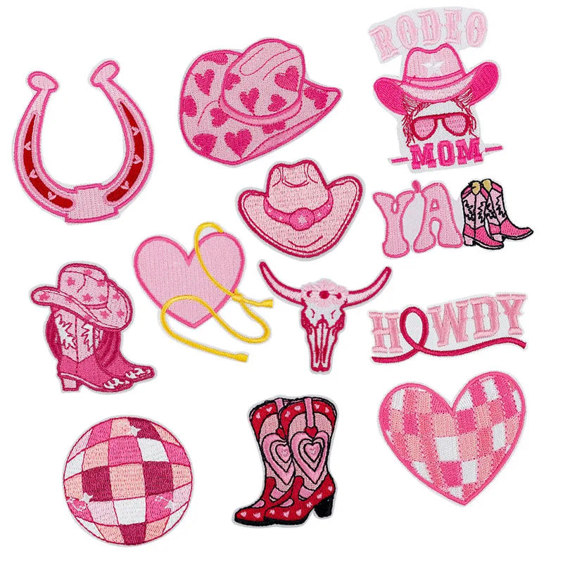 New Embroidered Iron on pink Howdy Cowgirl Boots Horseshoe Yall Rodeo Mom Patch for Clothing Hat Bag Decoration