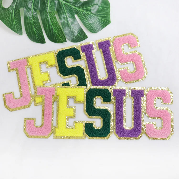 Wholesale Heating Patch Jesus Chenille Patches Woven Clothes Glitter Letter Iron on Patches for Clothing and Bags