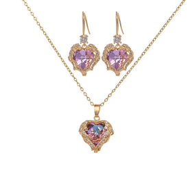 Fashion Jewelry Set Unisex Stainless Steel Chain Gemstone Zircon Heart of the Ocean Pendant Necklace and Earrings Set for Gift