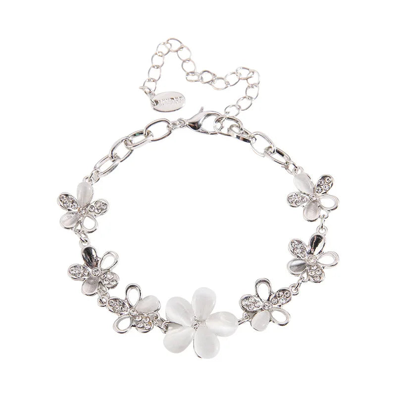 European and American Style Vintage Rhodium Plated White Cat Eye Glass Crystals Casting Flower Fashion Charm Bracelets for Women