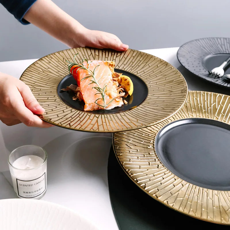 Gold White Black Porcelain Western Dinnerware Set-Eco-Friendly Contemporary Round Plates for Steak Dessert Kitchen Use