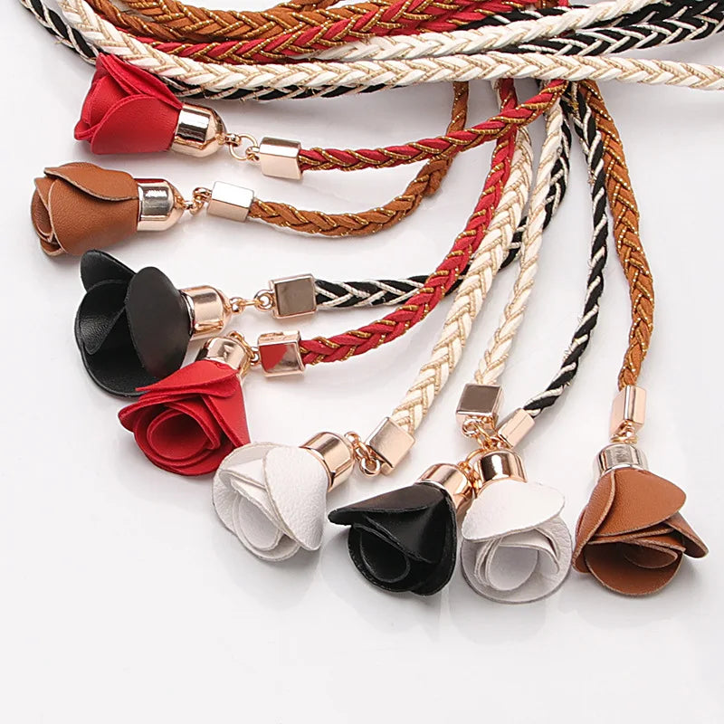 2023 Korean Version of Rose Flower Ladies Leather Waist Chain Wild Fashion Decorative Dress Braided Belt