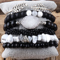 Bohemian Heart Charm Bracelets Set Chip Stone Black Druzy Matt Black Stone Glass Alloy Leaf Bangle Men Stack Bracelet Set