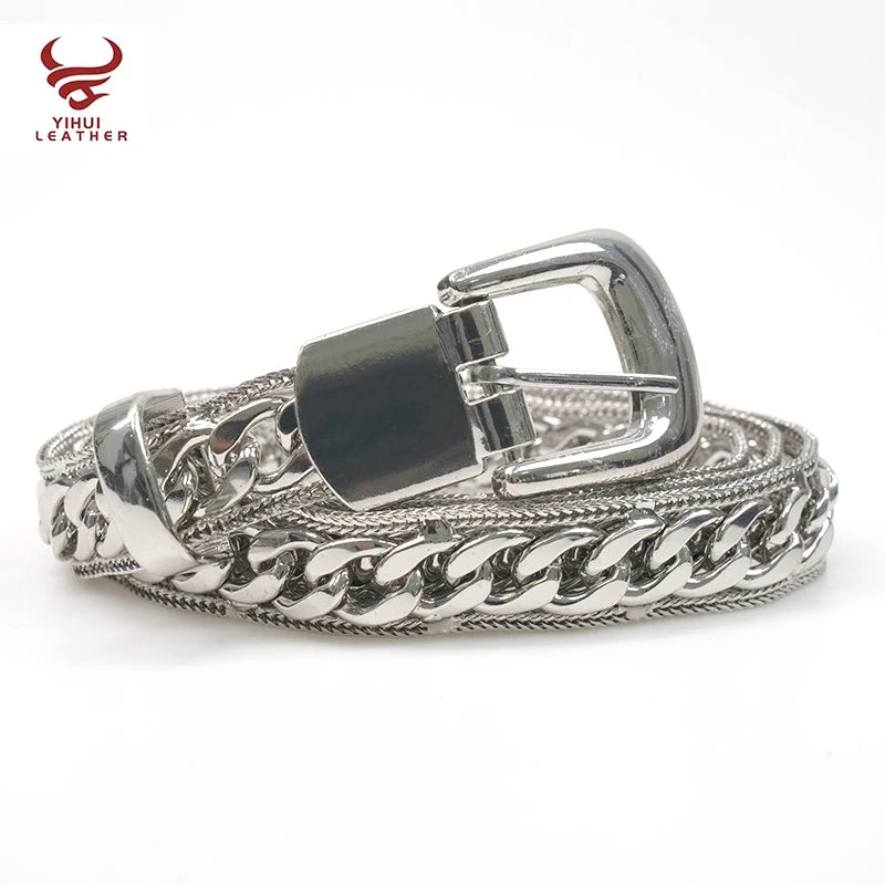 Wholesale Western Punk Metal Belts 25mm Lady Chains Belts Alloy Pin Buckle Metal Chain Belt for Women