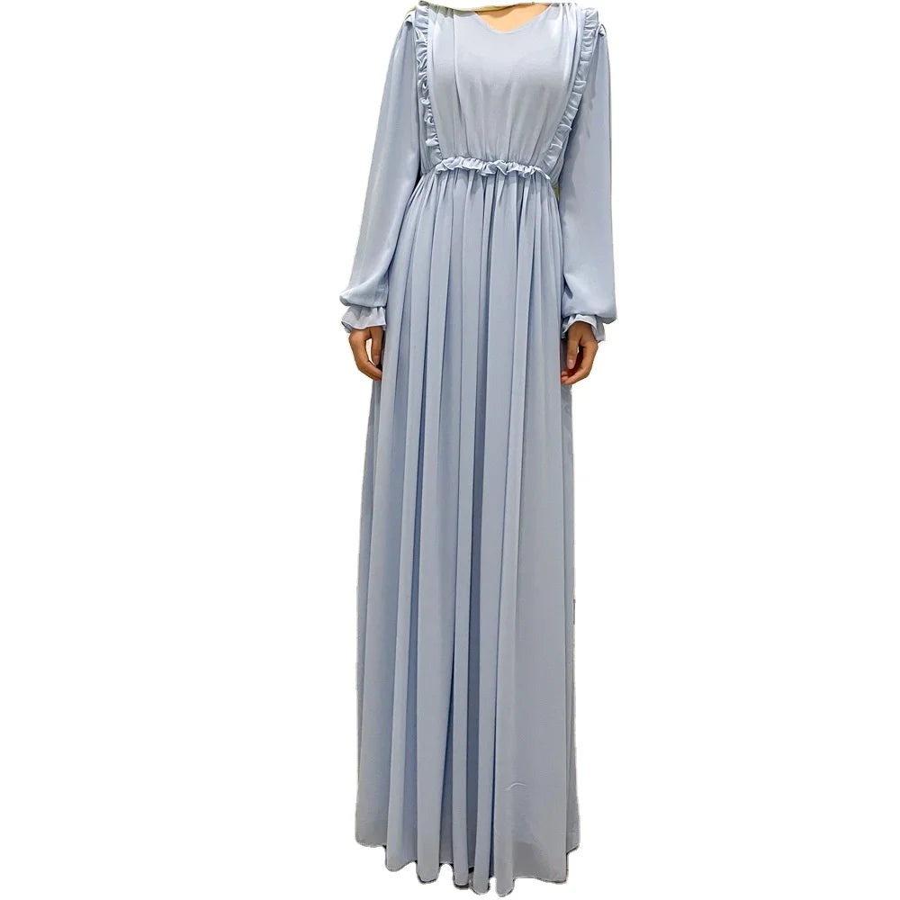 Plain Color Chiffon Ruffled Elastic Cuff Long Style Summer Office Modern Classic Abaya Women Muslim Dress