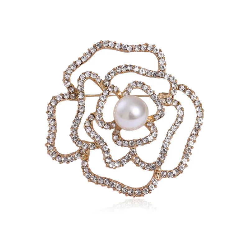 Luxury Rose Pearl Flower Brooch Pin With Rhinestone for Wedding Party Engagement Children's Clothing Decoration Made Alloy-Gift