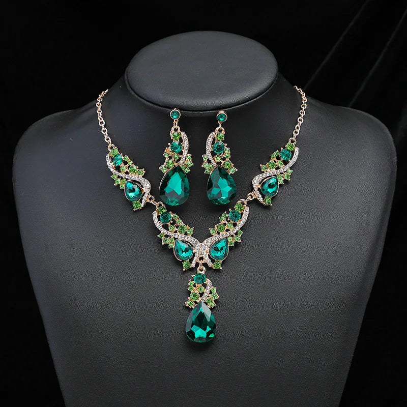 Women's Crystal Necklace Earrings Set Elegant Bridal Floral Cluster Teardrop Statement Necklace Earrings Set
