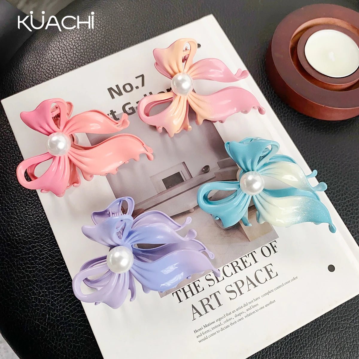 KUACHI Wholesale Korean Pink Hair Claws Bow Pearl Sweet Gradient Hair Claw Exquisite Personality Style Metal Hair Clips Bow