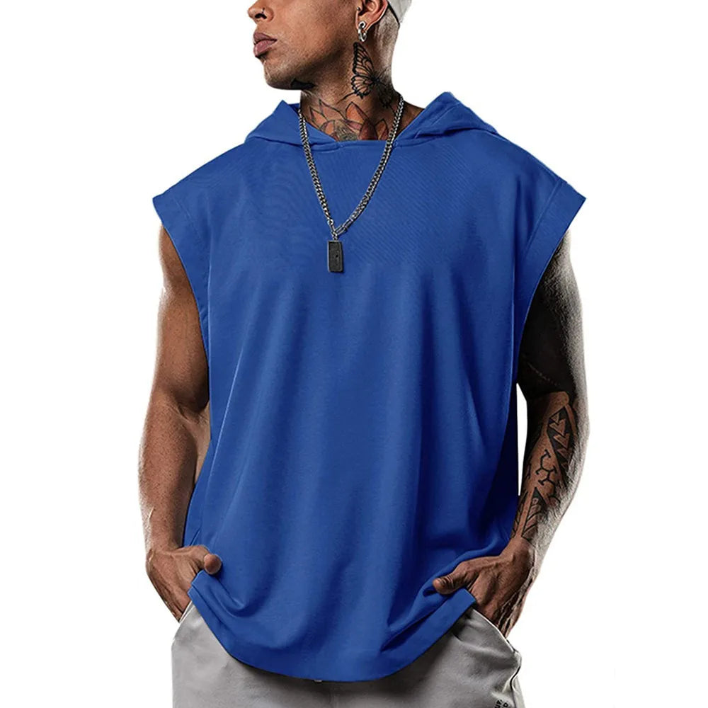 Wholesale Men's Plus Size Hoodie Custom Sleeveless Solid Autumn Vintage Crop Pullover Hoodie Polyester
