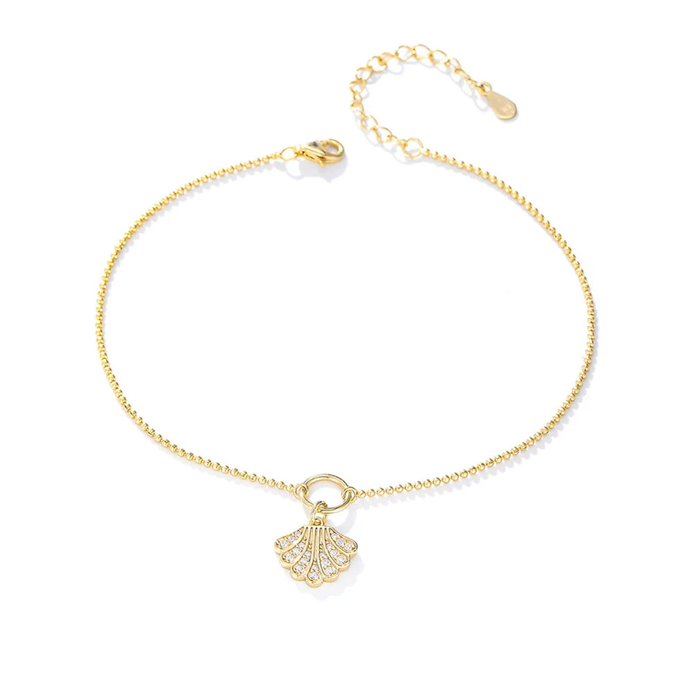 Light Luxury 925 Sterling Silver Summer Beach Shell Zircon Charm Pendant Gold Plated Anklets for Women