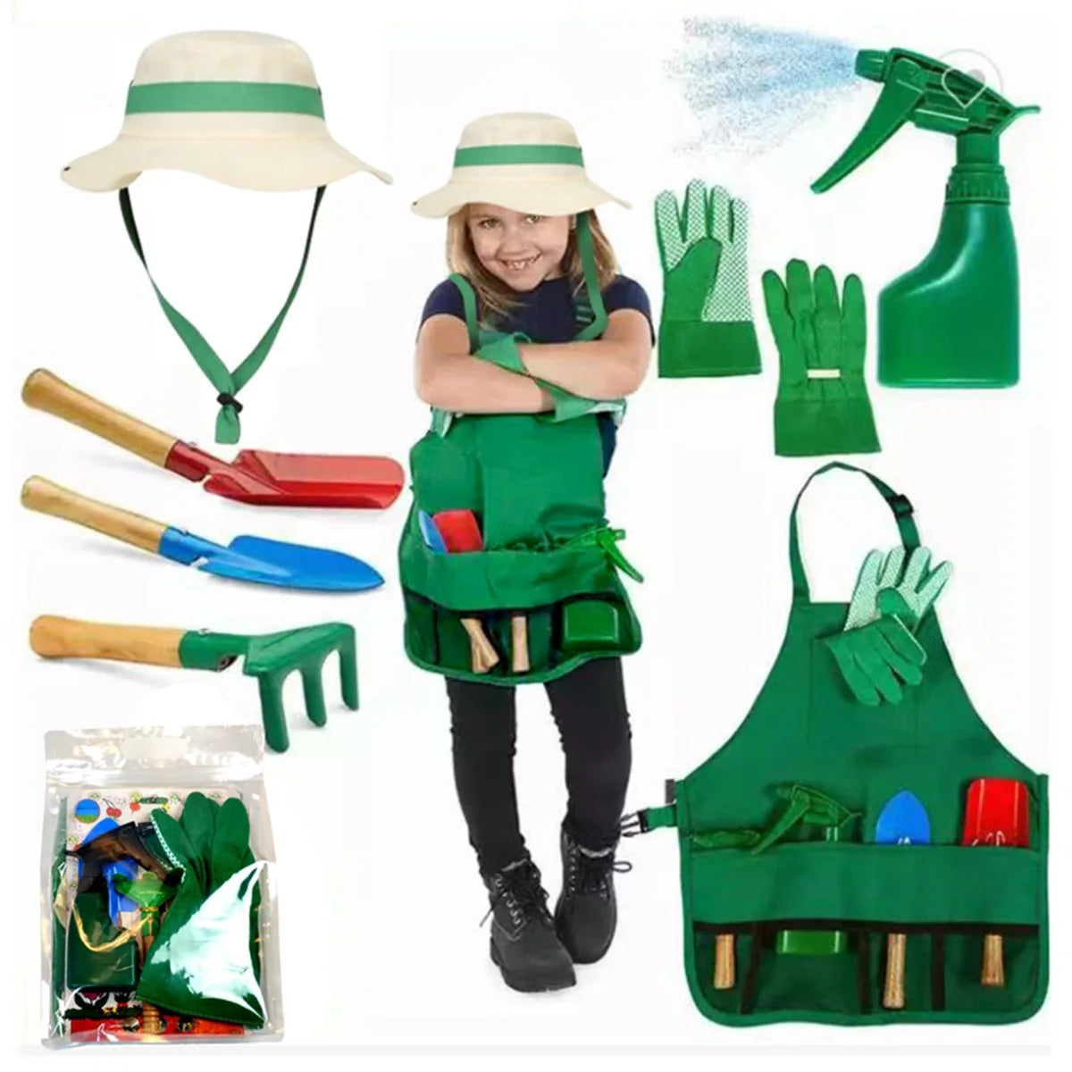 7 in 1 Planting and Sand Playing Gardener Sets Kids Gardening Tools Hat Shovel Rake Washable Apron for Sand Gardening