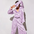 2023 Summer Solid Color Pajamas Purple Stripe Long Sleeve Fashion Silk Pants Two Piece Women's Home Furnishing