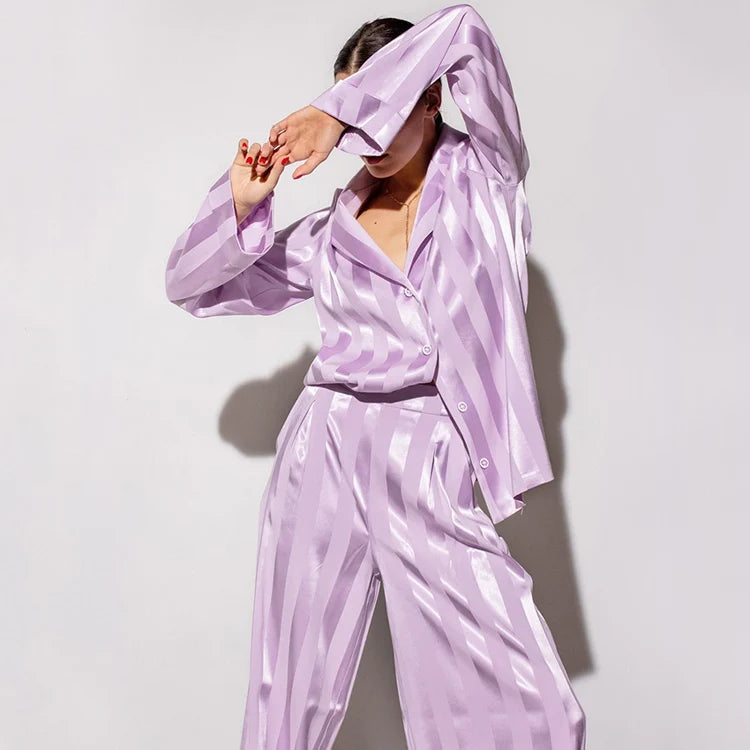 2023 Summer Solid Color Pajamas Purple Stripe Long Sleeve Fashion Silk Pants Two Piece Women's Home Furnishing