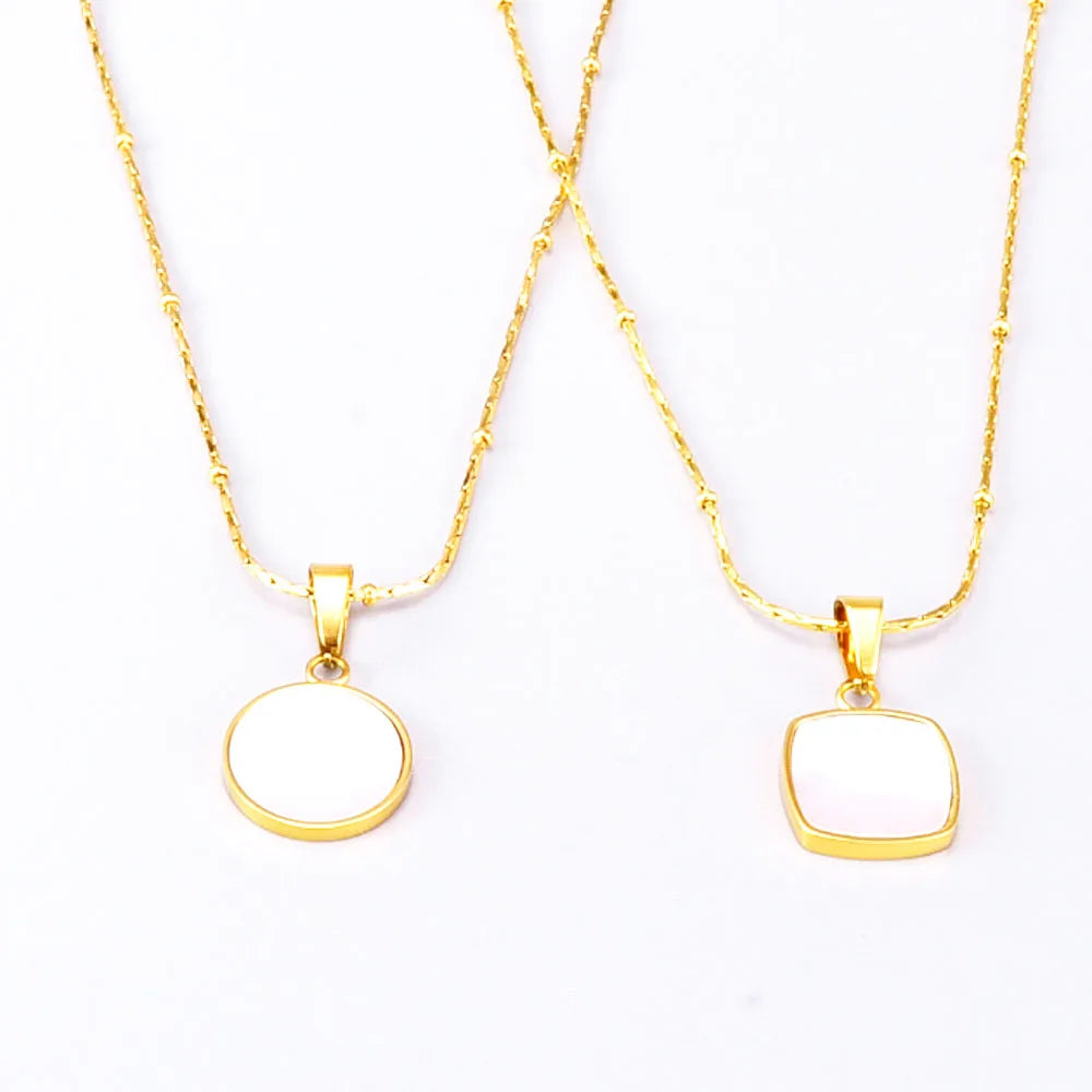 Women Fashion Stainless Steel 18k Gold Chain with Mother of Pearl square and Round Pendant Necklace Jewelry