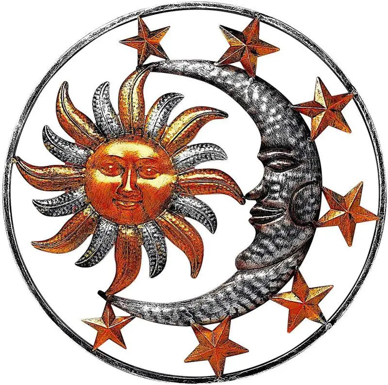 Metal Iron Art Sun Moon Wall Crafts Celestial Bodies Sun Moon and Stars Indoor and Outdoor Metal Ornaments