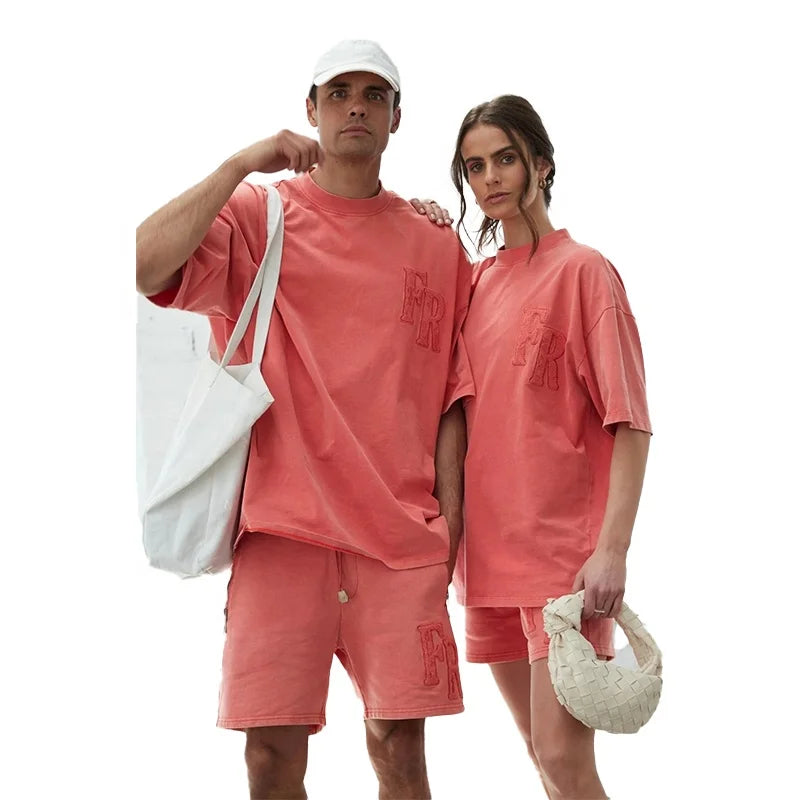 KY Oversize Fit Unisex Chenille Embroidery Acid Washed High Neck Collar Tshirts for Men 2024 and Shorts Two Pieces