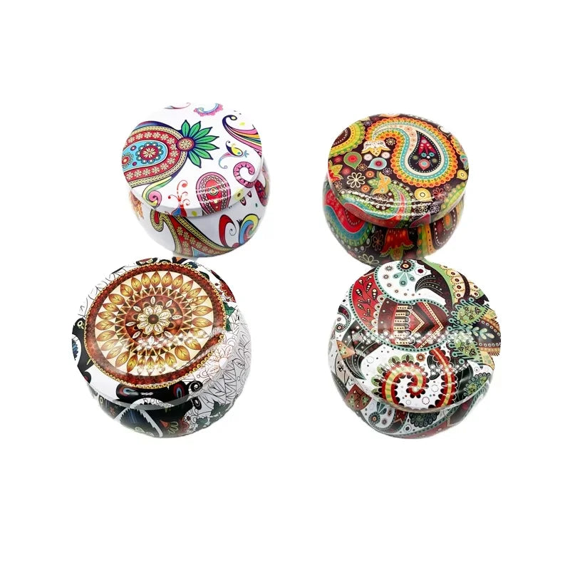 Ethnic Style Designs Printed Small Iron Round Pot Portable Candy Box Candle Tin Flower Tea Storage Tin
