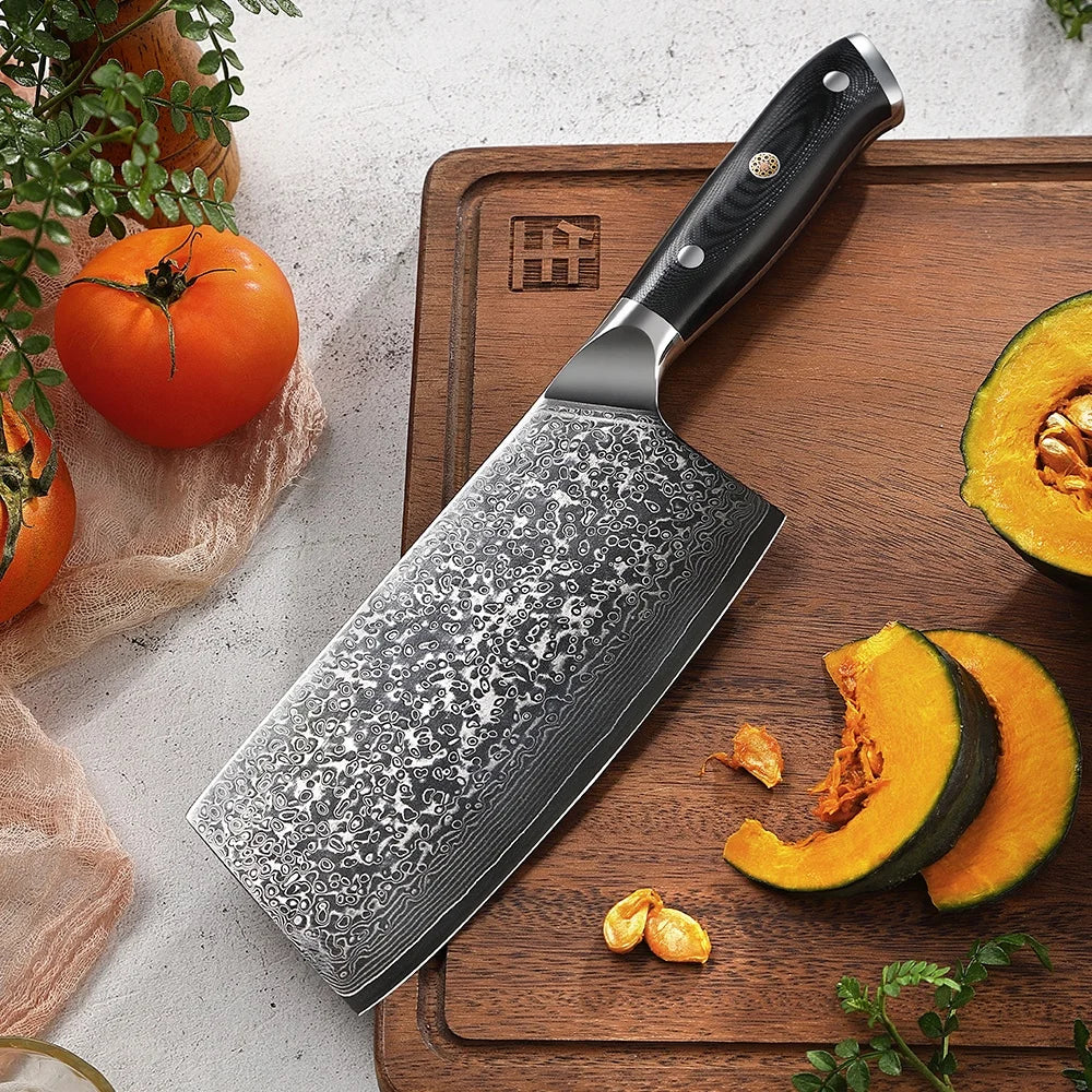 7 Inch Cleaver Knife JDH Damascus Kitchen Knife 67 Layers Damascus Steel with G10 Handle Black Factory Wholesale