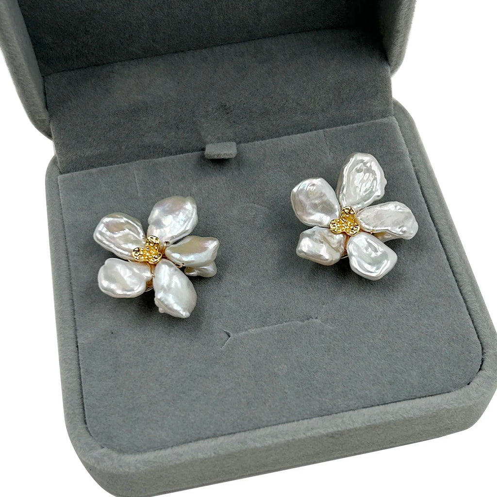 925 Sterling Silver Natural Flower Baroque Freshwater Pearl Earring Wholesales High Luster  AAA Natural Freshwater Pearl