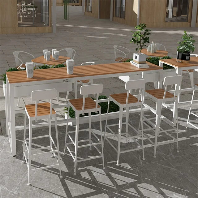 Cafe Outdoor Furniture Balcony Metal Frame Plastic Wood Dining Cafe Outdoor Furniture bar Table