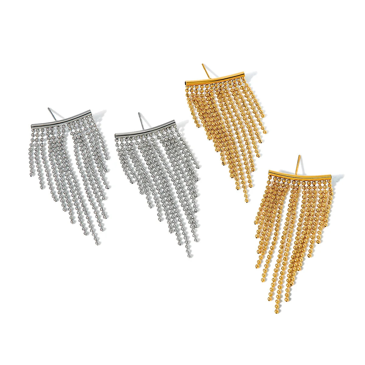 Elegant Small Round Beaded Chain Tassel Drop Earrings Stainless Steel Hypoallergenic Gold Plated Charm Jewelry for Women