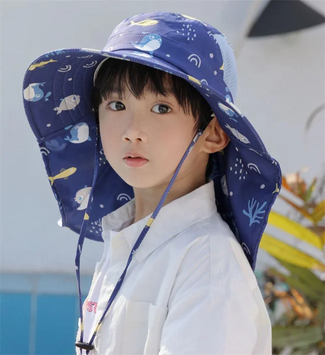 2023 Cartoon Patterns Printed Children Baby Beach Sun protection Big Shawl Design Fisherman Bucket Hats with Whistle