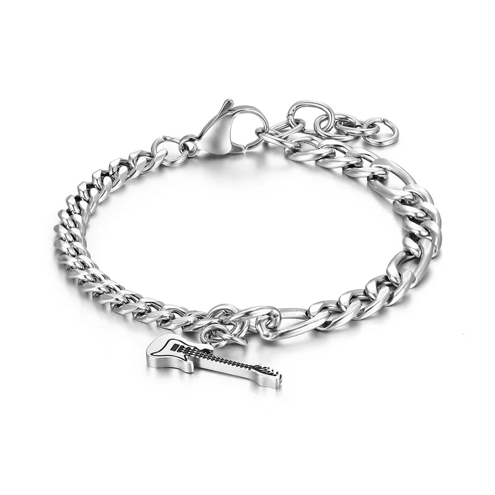 Hip Hop Guitar Pendant Stainless Steel Bracelet Niche Design Sweet Cool Rock Couple Festival Bracelet Mens Jewelry
