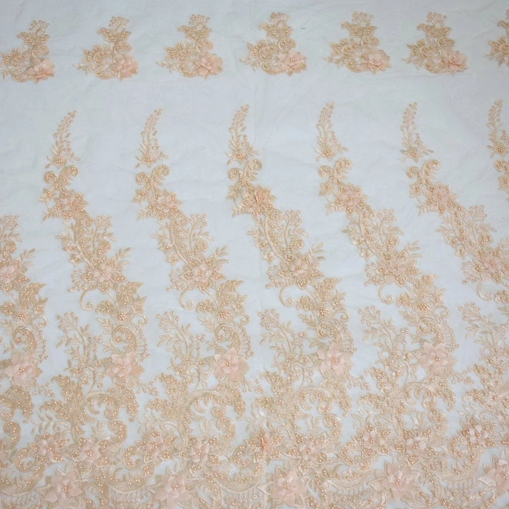 HY0686 Nigerian Hand Embroidered High Quality 3d Applique Lace Fabric With Pearls for Women Wedding Dress