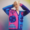 2026 Cardigan Manufacturer Custom Color Block V Neck Ladies Women Cute Frantic Galactic Intarsia Jacquard Cardigan Femme