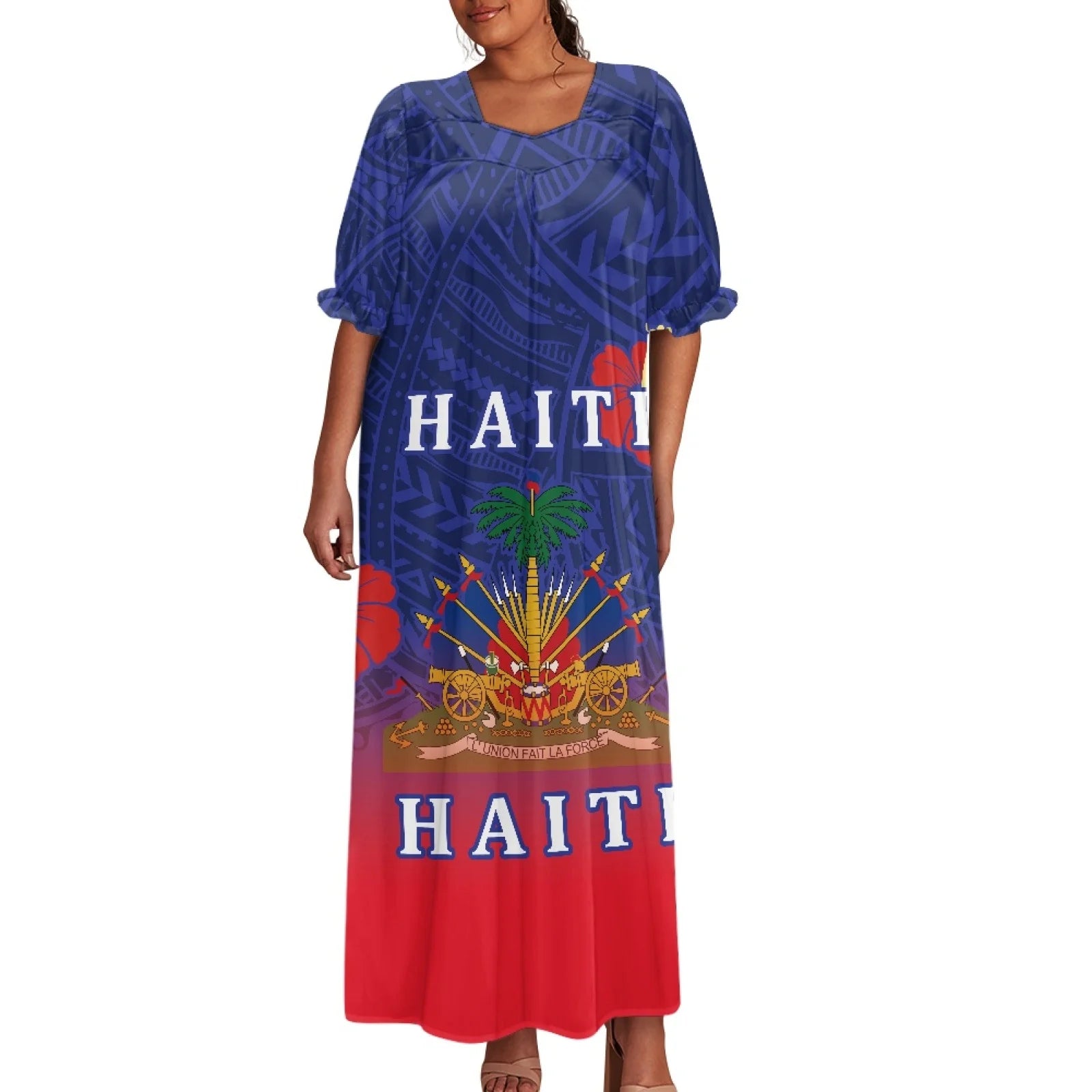 Fashion Essentials Women's Short-Sleeve Loose Waisted Maxi Dress Polynesian Haiti Island Haitian Flag Print Casual Long Dress