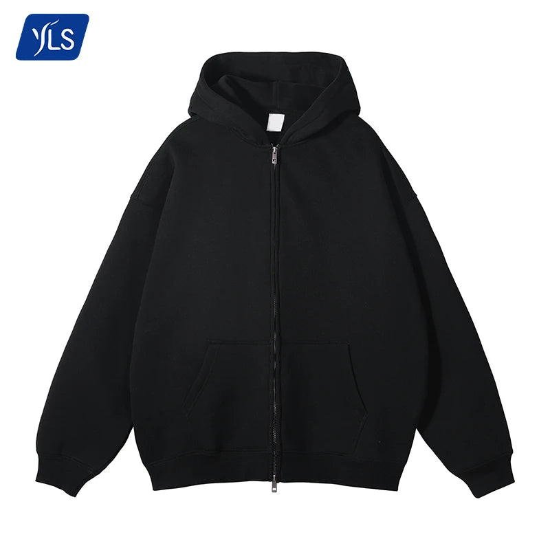 YLS Streetwear Quality Thick Fleece Cotton Heavy Black Zip up Oversized Hoodie 350gsm Custom Logo OEM Wholesale Zipper Hoodies