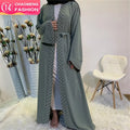 1838# Islamic Clothing Mint Color Pearls Abaya Dubai Muslim Women Beaded Front Open Abaya Black Abaya Adults Middle East Crepe
