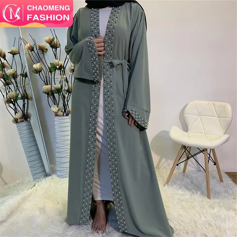 1838# Islamic Clothing Mint Color Pearls Abaya Dubai Muslim Women Beaded Front Open Abaya Black Abaya Adults Middle East Crepe