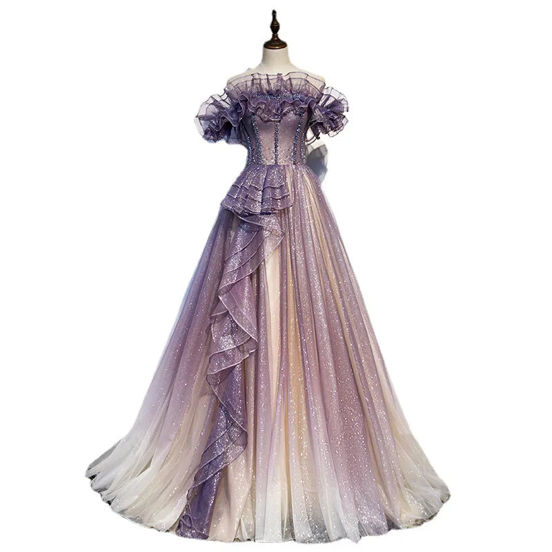 Luxury Purple Beading Glitter Ruffled Royal Queen Long Dress Medieval Renaissance Victoria Ball Gown