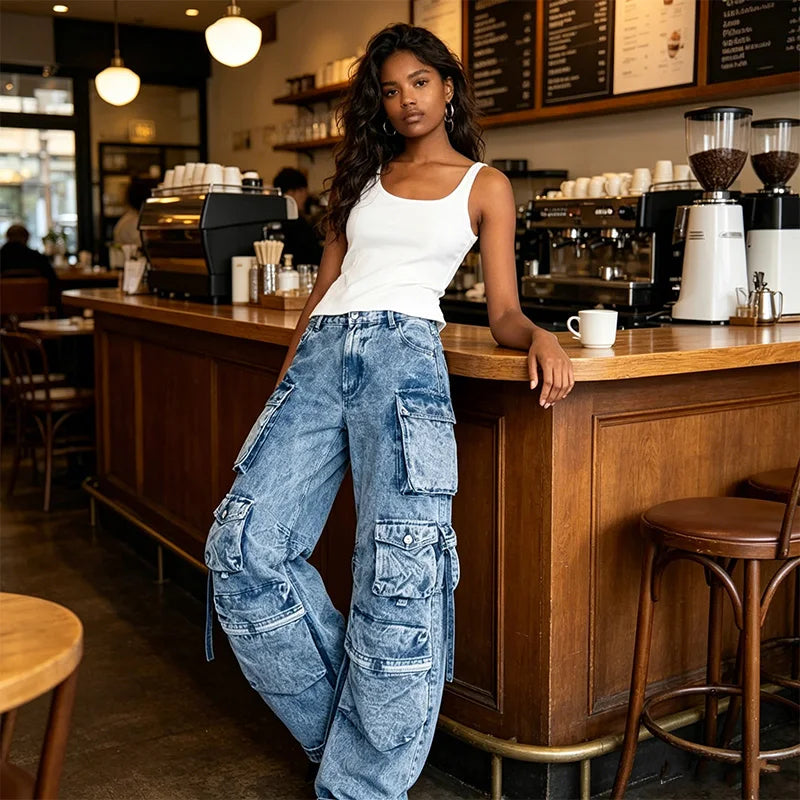 2026 Autumn and Winter New Fashion Stitching Multi-pocket Overalls Street Washing Long Wide-leg Pants Women Wide Leg Jeans
