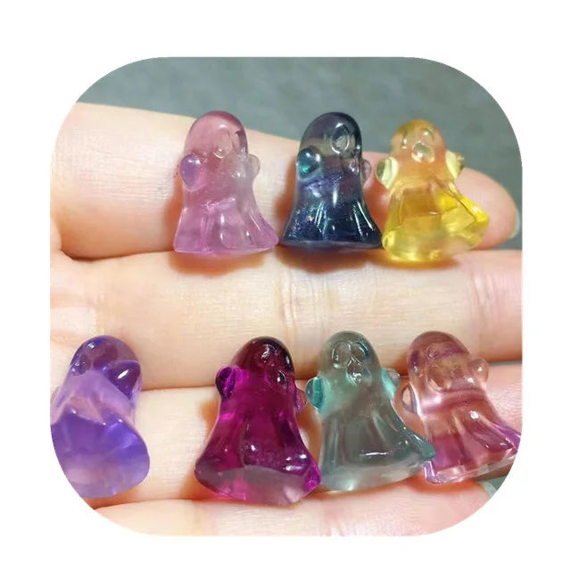 Crystal Crafts Carvings Wholesale Mini Natur rainbow Fluorite Crystal Gemstone Carved Ghosts Statues for Gift