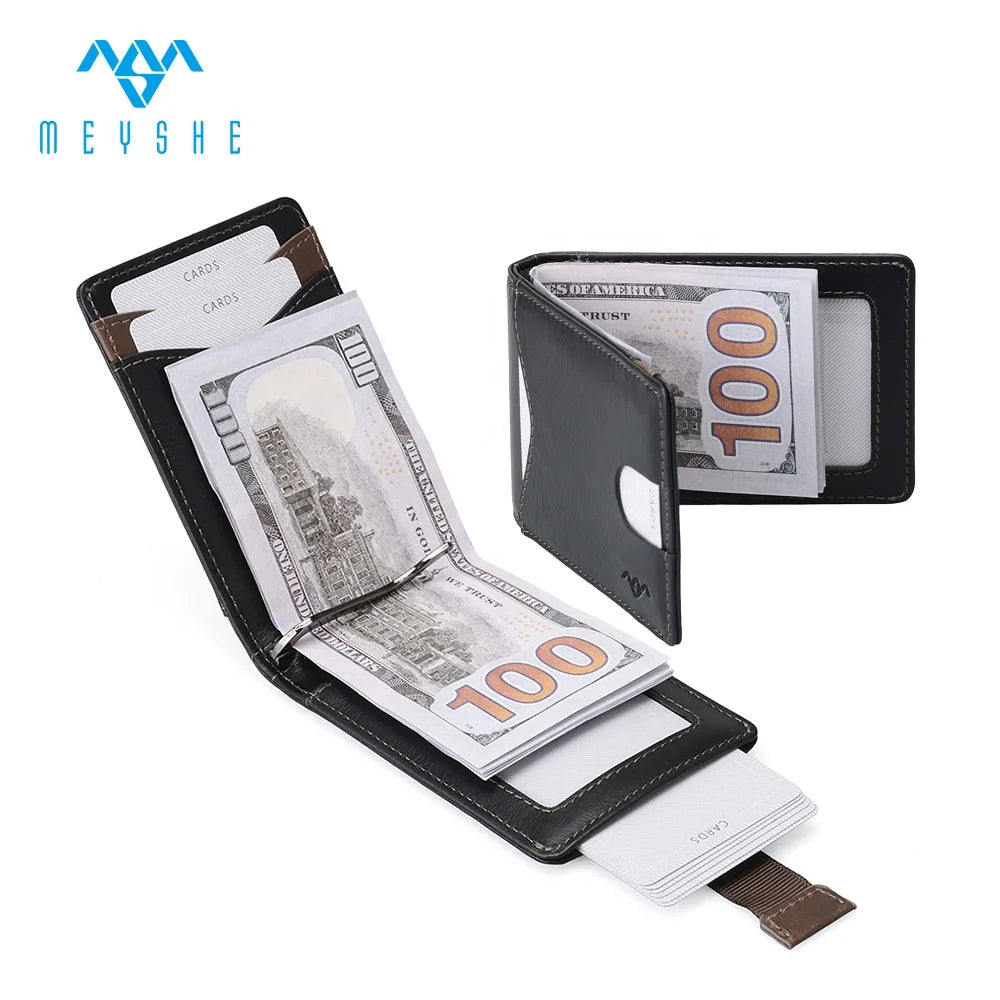 Vegetable Tanned Black Full Grain Leather RFID Blocking Slim Credit Card Holder Wallet for Men With Money Clip