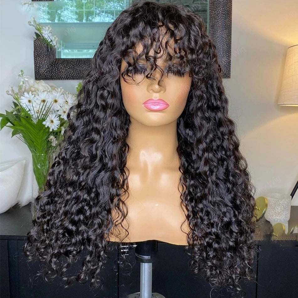 Jerry Curly Wigs with Bangs Transparent Lace Frontal Closure Wigs for Women PrePlucked Brazilian Virgin Hair 180% Density 10-30"