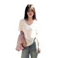 2025 Summer Women's White V-Neck T-Shirt - Loose Fit Anti-Pilling Knitted Basic Top for Casual Layering