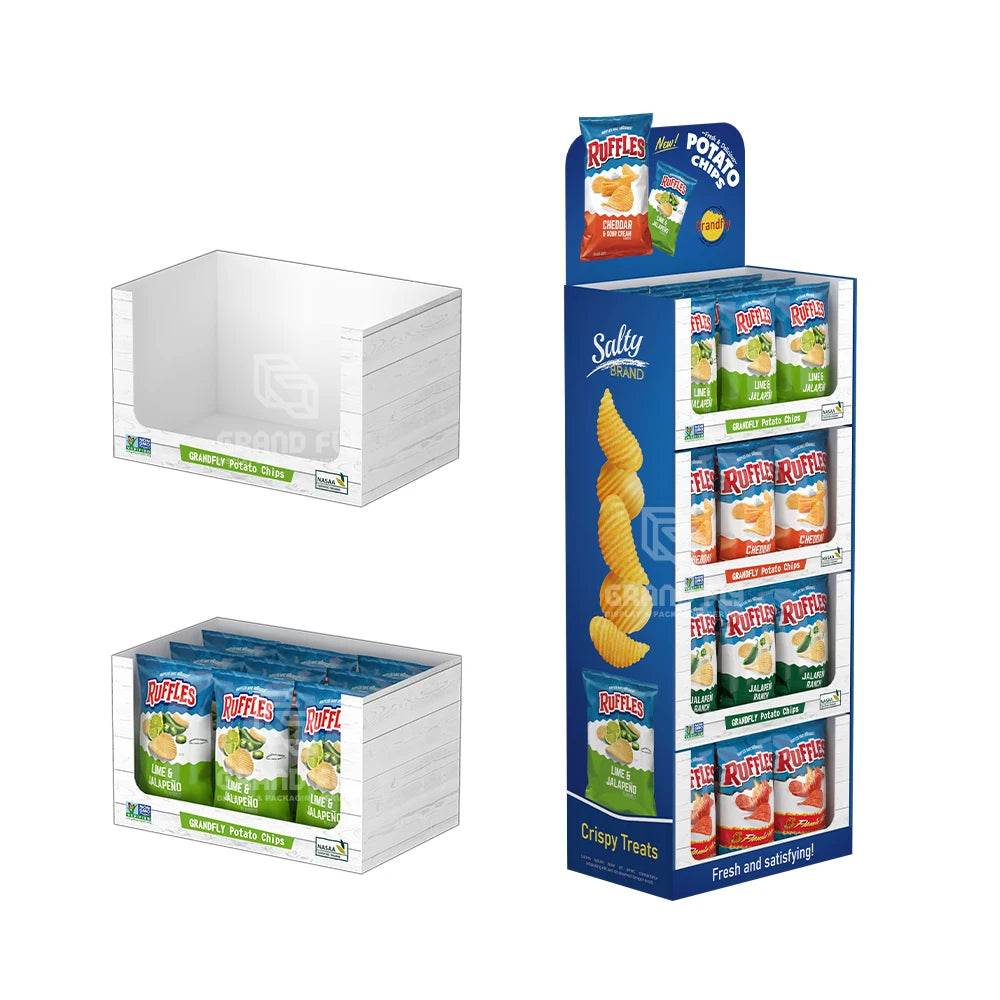 Custom Cardboard Tiered Floor Stackable Advertising Display Racks for Potato Chips and Snacks Recyclable