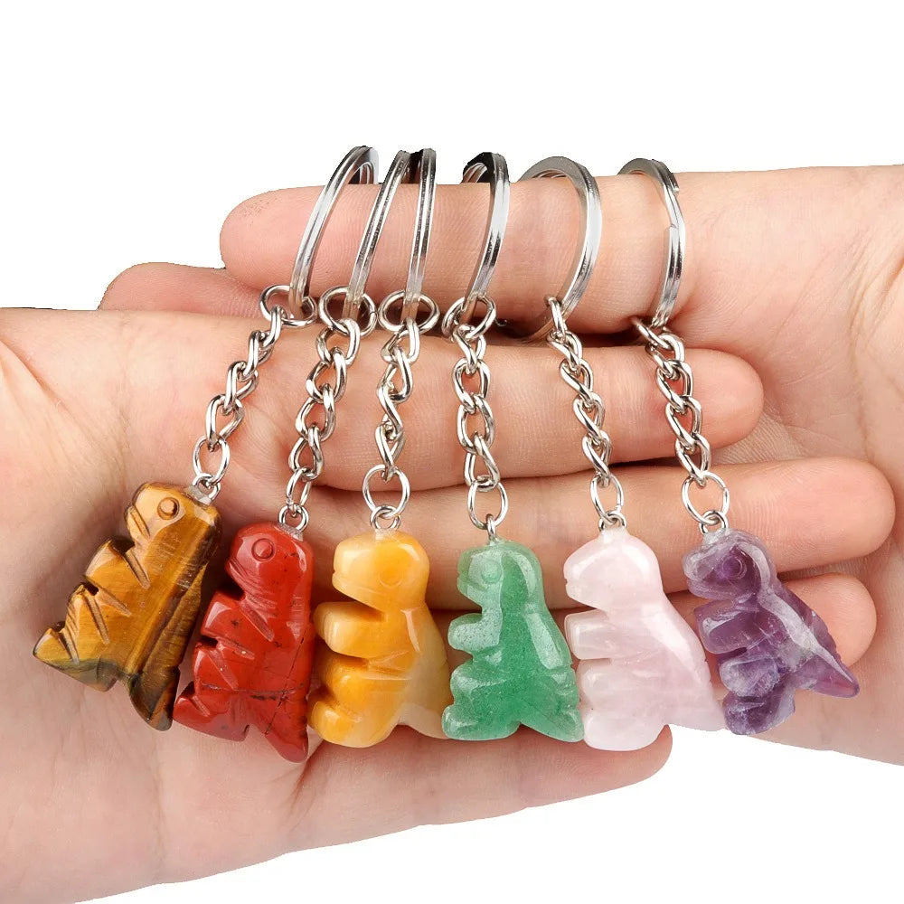 Natural Jade Stone Agate Cute Small Dinosaur Crystal Mineral Keychain for Key Bag Car Hanging Pendant Decoration
