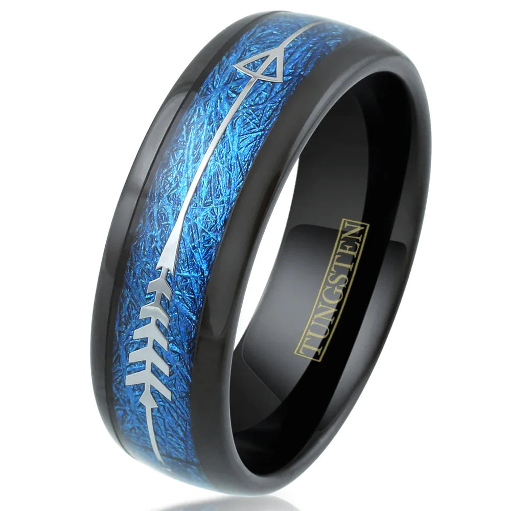 8mm Koa Wood Inlay Wedding Band Black Dome Arrow Multidimensional Blue Tungsten Meteorite Classic for Engagement Party Gift Idea