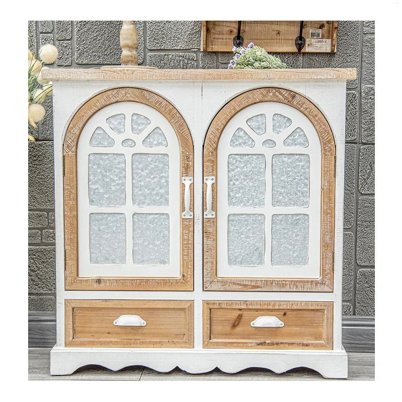 INNOVA Rustic White Washed Wooden Storage Furniture Cabinet Arch Door Design for Dining for Home Farmhouse Living Room Entry