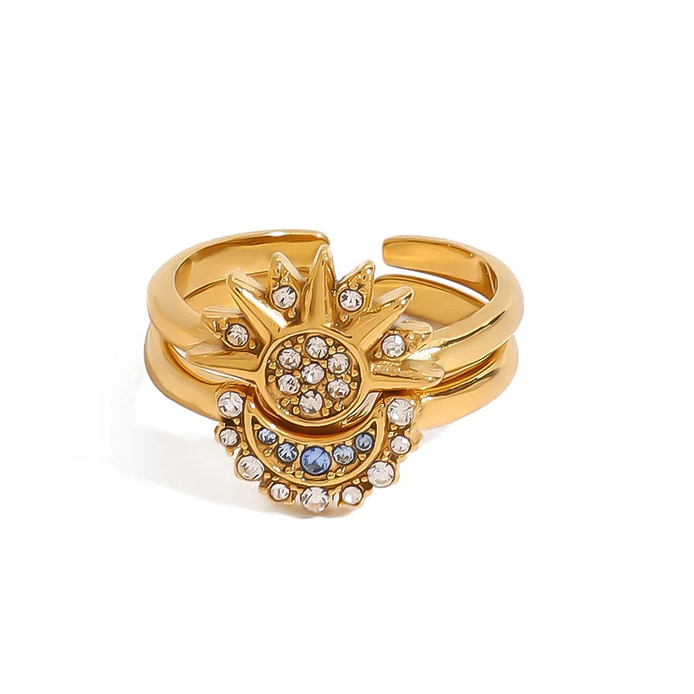 New Design Exquisite 18K Gold Plated Stainless Steel Sun Moon Diamond Rings Couple Matching Jewelry