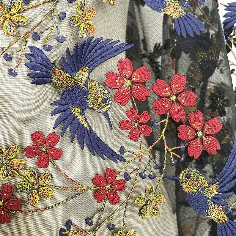 Dress Making Heavy Embroidered Tulle Lace Fabric With Florals and Birds Embroidery Mesh Lace Embroidery Dress Lace Fabric