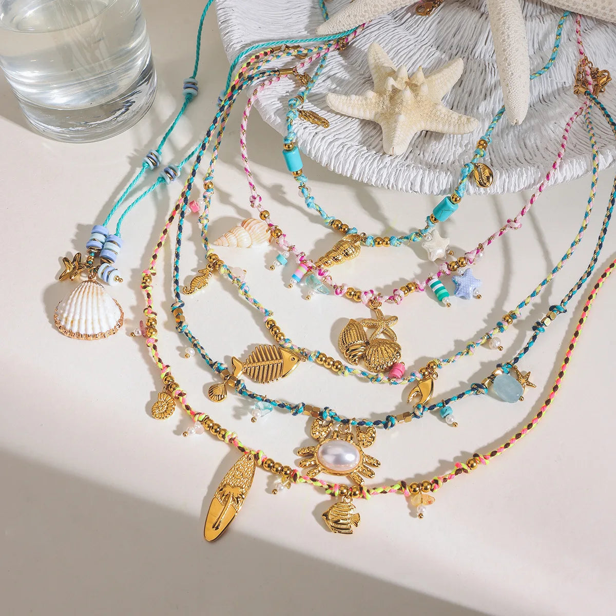 G3787 Wholesale Boho Jewelry Shell Charm Necklace Stainless Steel Colorful Rope Sea Starfish Conch Pearl Crab Pendant Necklaces
