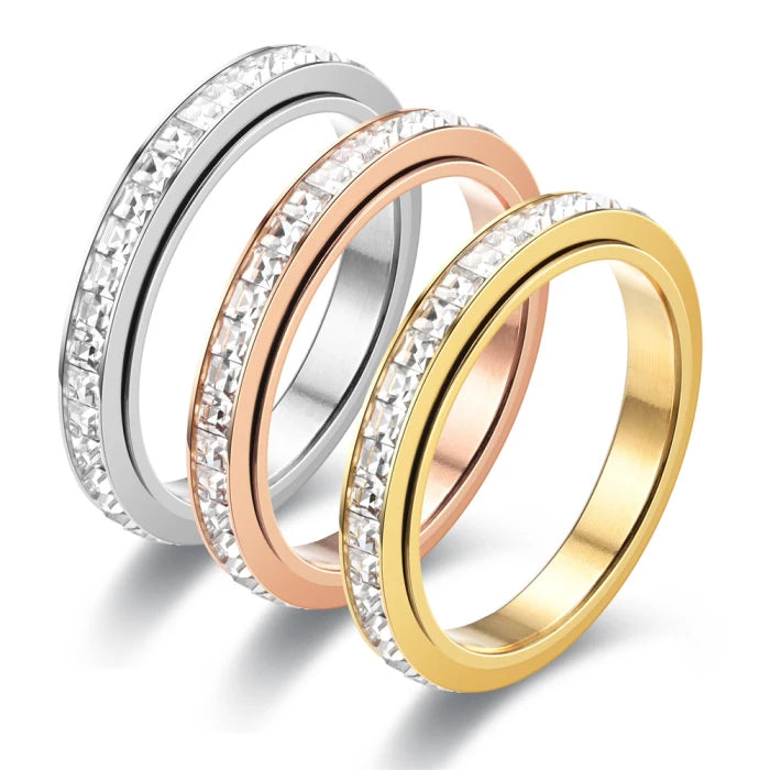 Spinner Rotating Finger Jewelry Fashion Wholesale Stainless Steel Single Row 2 Styles Bling Shiny Crystal Stone Rings for Women