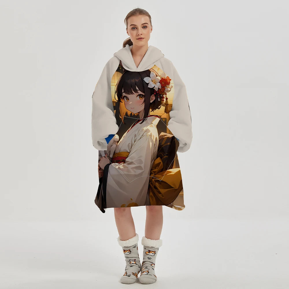 Original Factory Customized Design Sherpa Sweatshirt Wearable Hooded Oversized Custom Anime Hoodie Blanket