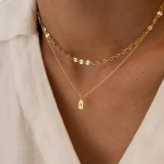 Fashion Letter a Round Sequin Multi Layer Necklace for Women Jewelry