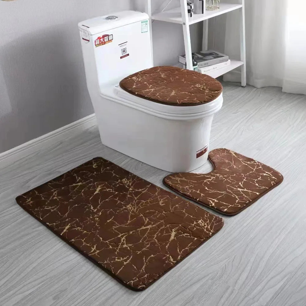 3 Pieces Set Golden Stamping Faux Shaggy Rabbit Fur Bathroom Floor Mat Toilet Mat Hotel Bathroom Mat